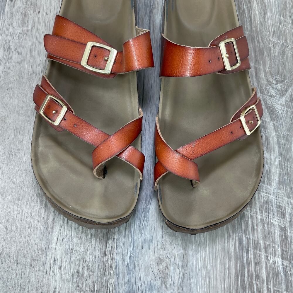 Madden Girl 8 M Leather Slides Brown Gold Buckle Criss Cross Slip on Sandals - Picture 9 of 13